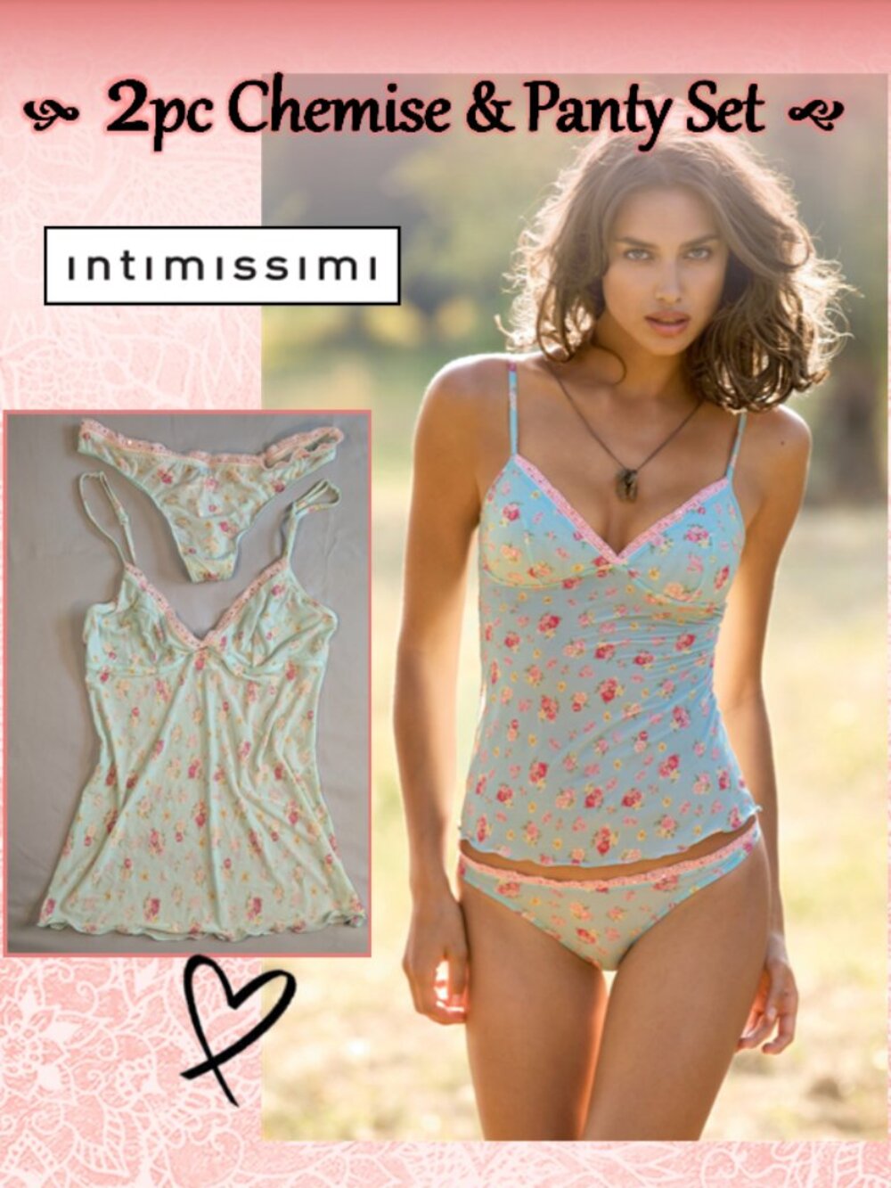 Intimissimi Cami & Thong Set, Blue w/Pink Butterfly, Sequins